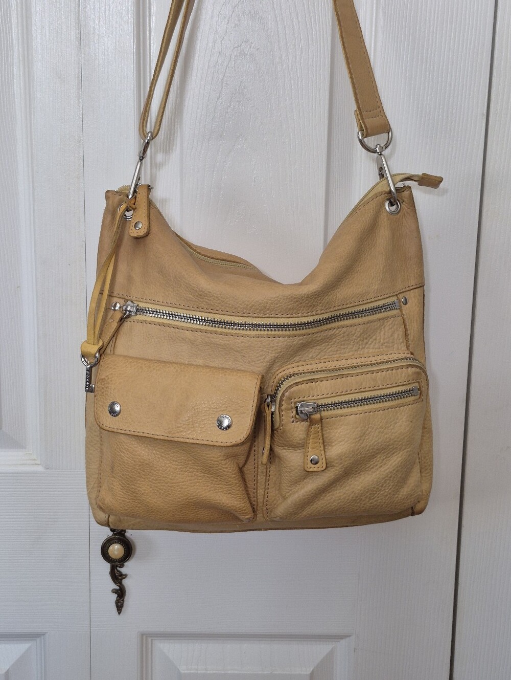 Fossil Sutter Genuine Leather Yellow Beige Top Zip Bag